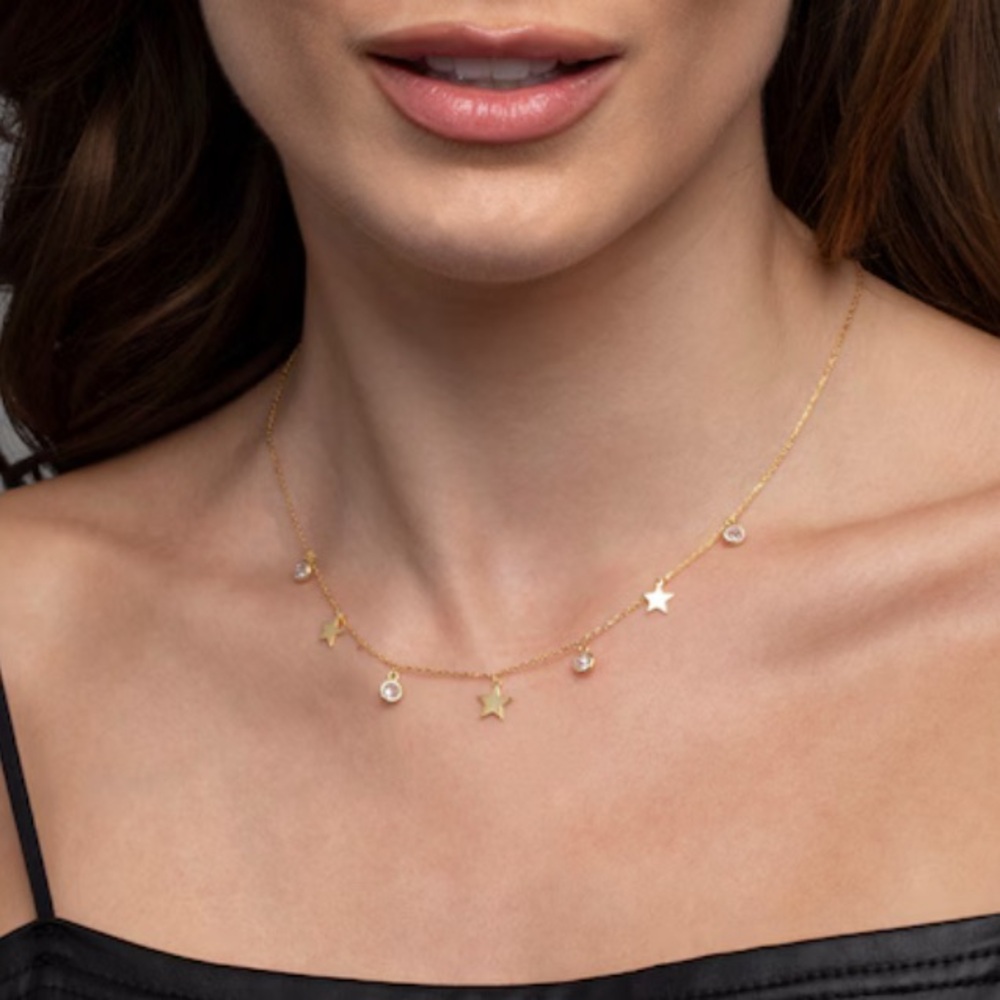 18k Gold Plated Star and Round CZ Charm Necklace. New. - Picture 3 of 9